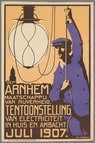 Affiche « Dept. Arnhem Maatschappij van Nijverheid. Tentoonstelling van Electriciteit in huis en ambacht. Juli 1907 ». Reproduction intégrale de l’exemplaire conservé par Rijksmuseum.