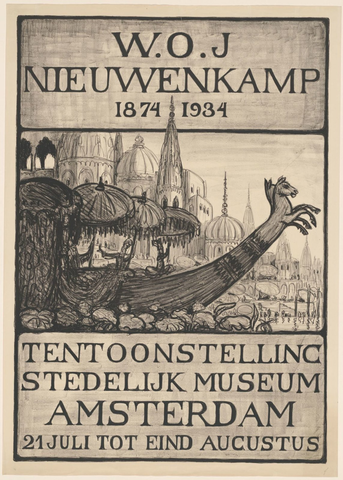 Affiche « Affiche voor de tentoonstelling van W.O.J. Nieuwenkamp in het Stedelijk Museum te Amsterdam, 1934 ». Reproduction intégrale de l’exemplaire conservé par Rijksmuseum.