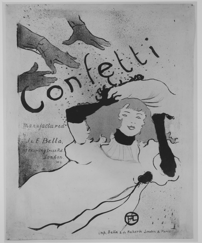 Reproduction en noir et blanc de l’affiche Confetti. Une femme coiffée d’un chapeau à plumes lève ses mains gantées parmi des confettis. Le mot Confetti traverse le haut de l’image.