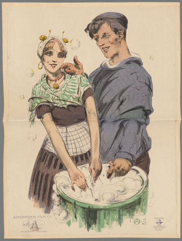 Affiche « Vrouw en man doen de was in een wastobbe ». Reproduction intégrale de l’exemplaire conservé par Rijksmuseum.