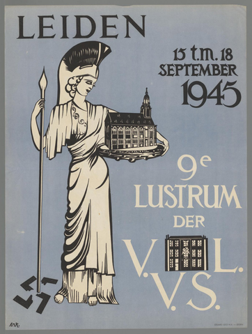 Affiche « Leiden 15 t.m. 18 september 1945. 9e Lustrum der V.L.V.S. ». Reproduction intégrale de l’exemplaire conservé par Rijksmuseum.