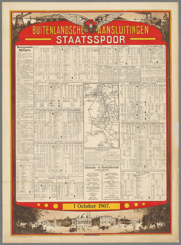 Affiche « Buitenlandsche aansluitingen staatsspoor 1 October 1907 ». Reproduction intégrale de l’exemplaire conservé par Rijksmuseum.