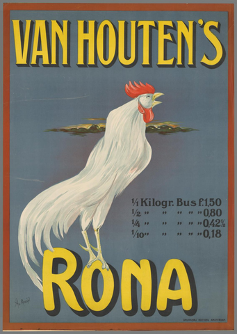 Affiche « Van Houten's Rona. 1/1 Kilogr. Bus f. 1,50 ». Reproduction intégrale de l’exemplaire conservé par Rijksmuseum.