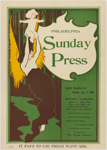 Affiche « Advertisement for Philadelphia Sunday Press, Jan. 5, 1896 ». Reproduction intégrale de l’exemplaire conservé par The Metropolitan Museum of Art.