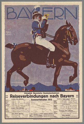 Affiche « Koniglich Byerische Staatseisenbahnen. reisverbindungen nach Bayern. sommerfahrplan 1913. ». Reproduction intégrale de l’exemplaire conservé par Rijksmuseum.