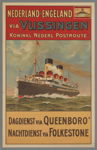 Affiche « Nederland-Engeland via Vlissingen. Koninkl. Nederl. Postroute. Dagdienst via Queenboro. Nachtdienst via Folkstone ». Reproduction intégrale de l’exemplaire conservé par Rijksmuseum.