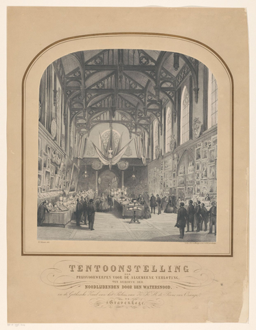 Affiche « Affiche voor tentoonstelling van voorwerpen beschikbaar gesteld ten behoeve van slachtoffers van watersnood ». Reproduction intégrale de l’exemplaire conservé par Rijksmuseum.