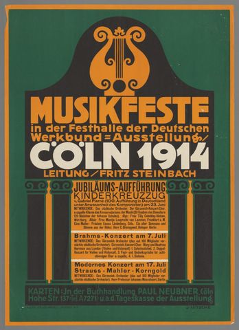 Affiche « Musikfeste in der festhalle de Deutsche werkbund = Ausstellung. Cöln 1914 ». Reproduction intégrale de l’exemplaire conservé par Rijksmuseum.