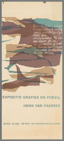 Affiche « Expositie grafiek en poezie Henk van Faasen. 30 nov. - 30 dec. "De Ruif" Jan Vossensteeg 59 Leiden ». Reproduction intégrale de l’exemplaire conservé par Rijksmuseum.