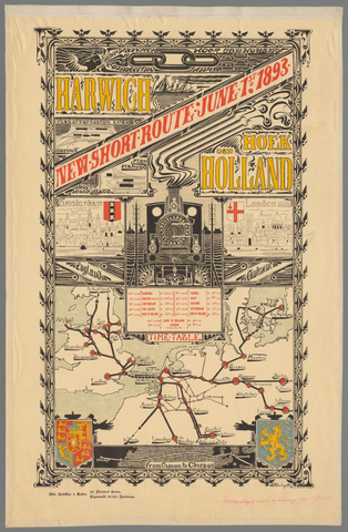 Affiche « Harwich - Hoek van Holland, New Short Route June 1st 1893 ». Reproduction intégrale de l’exemplaire conservé par Rijksmuseum.