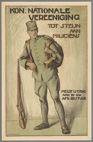 Affiche « Kon. Nationale Vereeniging tot steun aan miliciens. Meldt u tijdig aan bij uw afd. bestuur ». Reproduction intégrale de l’exemplaire conservé par Rijksmuseum.