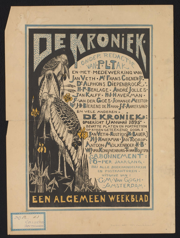Affiche « Affiche ter aankondiging van het tijdschrift 'De kroniek' ». Reproduction intégrale de l’exemplaire conservé par Rijksmuseum.