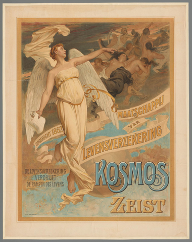 Affiche « Maatschappij van levensverzekeing Kosmos Zeist opgericht 1862. De levensverzekering verdrijft de rampen des levens. ». Reproduction intégrale de l’exemplaire conservé par Rijksmuseum.