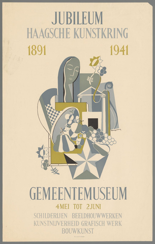 Affiche « Jubileum Haagsche kunstkring 1891-1941. Gemeentemuseum 4 Mei tot 2 Juni. Schilderijen beeldhouwwerken kunstnijverheid grafisch werk bouwkunst. ». Reproduction intégrale de l’exemplaire conservé par Rijksmuseum.