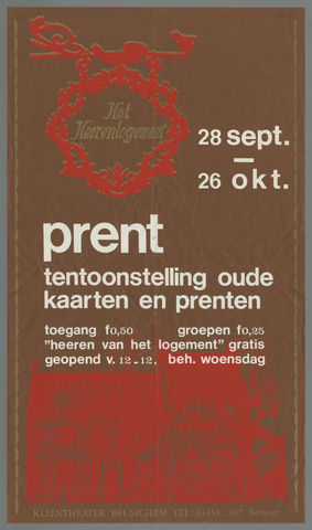 Affiche « Het Heerenlogement Tentoonstelling oude kaarten en prenten 28 sept. - 26 okt. "Heeren van het Logement"gratis. Klein theater Beuschem. ». Reproduction intégrale de l’exemplaire conservé par Rijksmuseum.