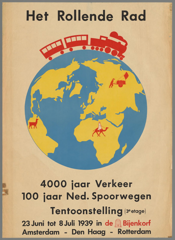 Affiche « Het Rollende Rad, 4000 jaar verkeer en 100 jaar Ned. spoorwegen. ». Reproduction intégrale de l’exemplaire conservé par Rijksmuseum.