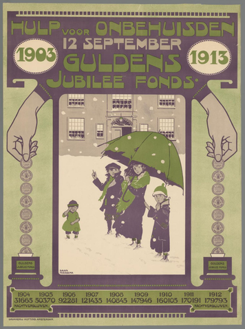 Affiche « Hulp voor onbehuisden. 1903-1913. Guldens Jubilee Fonds. ». Reproduction intégrale de l’exemplaire conservé par Rijksmuseum.