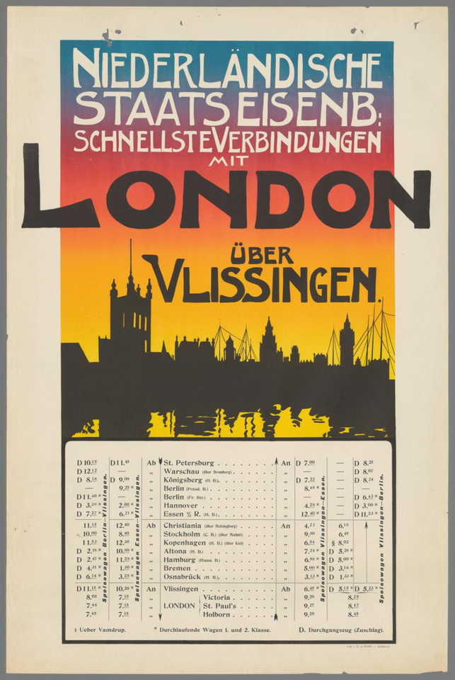 Affiche « Niederländische Staatseisenb. Schnellste Verbindungen mit London über Vlissingen. ». Reproduction intégrale de l’exemplaire conservé par Rijksmuseum.