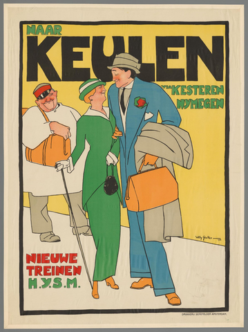 Affiche « Naar Keulen via Kesteren Nijmegen. Nieuwe treinen H.IJ.S.M. ». Reproduction intégrale de l’exemplaire conservé par Rijksmuseum.