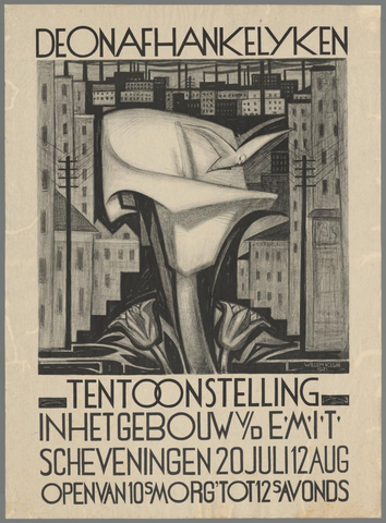 Affiche « De Onafhankelijken. Tentoonstelling in het gebouw v/d E.M.I.T. Scheveningen 20 juli 12 augustus. ». Reproduction intégrale de l’exemplaire conservé par Rijksmuseum.