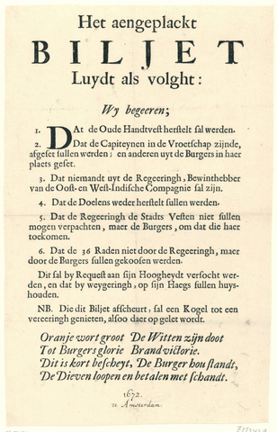 Affiche « Prinsgezind aanplakbiljet, 1672 ». Reproduction intégrale de l’exemplaire conservé par Rijksmuseum.