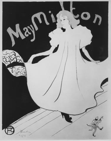 Reproduction en noir et blanc de l’affiche May Milton. Une femme en longue robe claire à volants se tient les bras ouverts devant un fond sombre. Le nom May Milton occupe le haut de l’affiche.