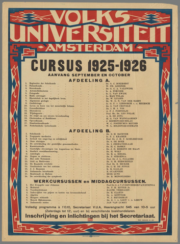 Affiche « Volksuniversiteit Amsterdam. Cursus 1925-1926 (...) ». Reproduction intégrale de l’exemplaire conservé par Rijksmuseum.