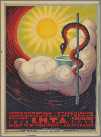 Affiche « Internationale hygiënische tentoonstelling Amsterdam 1921 I.H.T.A. 8 October - 8 November 1921. Paleis voor Volksvlijt Amsterdam. Tijdens deze tentoonstelling bioscoopvoorstellingen op hygiënisch gebied in het Veiligheidsmuseum achter 't Rijksmuseum ». Reproduction intégrale de l’exemplaire conservé par Rijksmuseum.