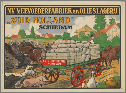 Affiche « N.V. Veevoederfabriek en olieslagerij "Zuid-Holland" Schiedam ». Reproduction intégrale de l’exemplaire conservé par Rijksmuseum.