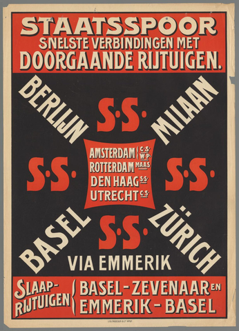 Affiche « Staatsspoor snelste verbindingen met doorgaande rijtuigen. Berlijn Milaan Basel Zürich via Emmerik. Slaaprijtuigen Basel - Zevenaar en Emmerik - Basel ». Reproduction intégrale de l’exemplaire conservé par Rijksmuseum.