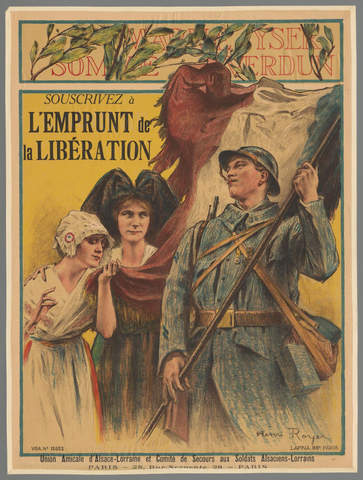 Affiche « Souscrivez à l'emprunt de la libération. Union amicale d'Alsace-Lorraine et Comité de secours (...) ». Reproduction intégrale de l’exemplaire conservé par Rijksmuseum.