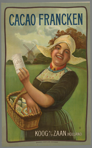 Affiche « Cacao Francken. Koog a/d Zaan Holland ». Reproduction intégrale de l’exemplaire conservé par Rijksmuseum.
