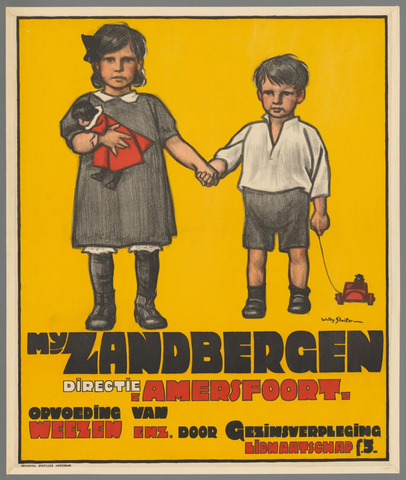 Affiche « Mij. Zandbergen directie Amersfoort. Opvoeding van weezen enz. door gezinsverpleging ». Reproduction intégrale de l’exemplaire conservé par Rijksmuseum.