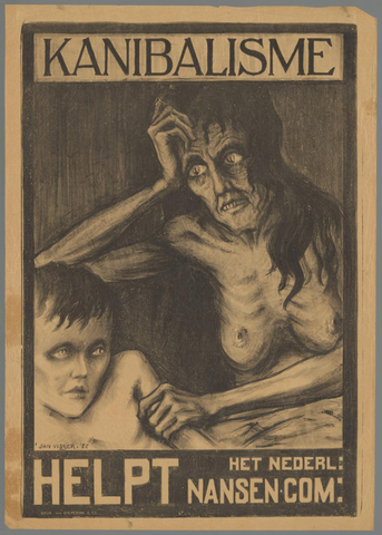 Affiche « Kannibalisme. Helpt het Nederlandsch Nansencomité ». Reproduction intégrale de l’exemplaire conservé par Rijksmuseum.