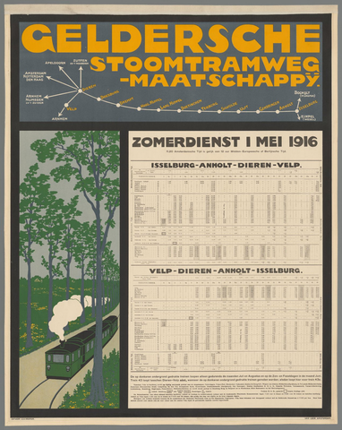 Affiche « Geldersche Stoomwegmaatschappij. Zomerdienst 1 mei 1916. Velp-Dieren-Anholt-IJsselburg ». Reproduction intégrale de l’exemplaire conservé par Rijksmuseum.