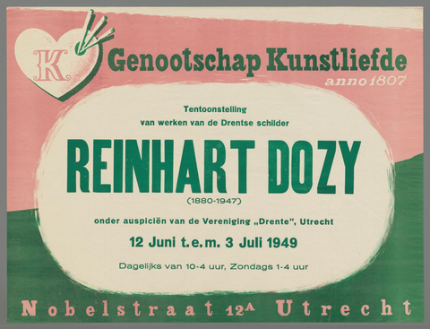 Affiche « Genootschap Kunstliefde (1907-1947) anno 1807 Tentoonstelling van werken van de Drentse schilder Reinhart Dozy ». Reproduction intégrale de l’exemplaire conservé par Rijksmuseum.