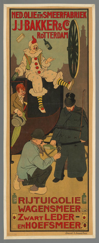 Affiche « Ned. olie- en smeerfabriek J.J. Bakker & Co Rotterdam. rijtuigolie wagensmeer zwart leder- en hoefsmeer ». Reproduction intégrale de l’exemplaire conservé par Rijksmuseum.