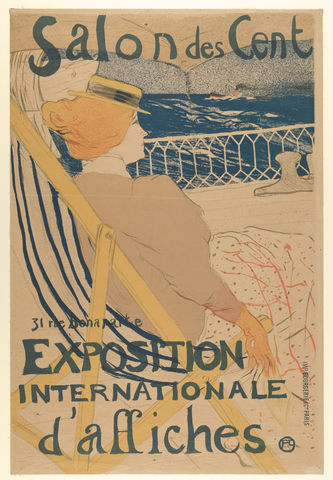 Affiche du Salon des Cent. Une femme rousse portant un chapeau est assise de profil devant une balustrade et une étendue bleue. Des inscriptions bleu foncé encadrent la scène en haut et en bas.