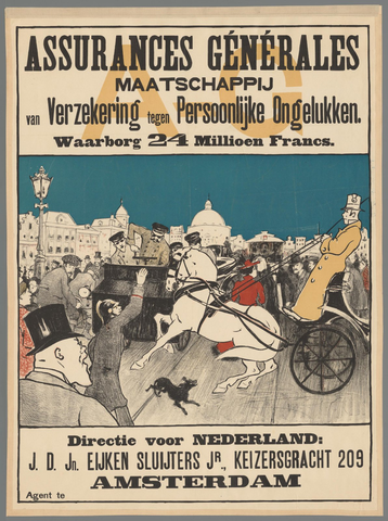 Affiche « Assurances Générales. Maatschappij van verzekering tegen persoonlijke ongelukken (...) ». Reproduction intégrale de l’exemplaire conservé par Rijksmuseum.