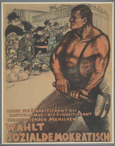 Affiche « Gegen die Einheitsfront des Kapitalismus, Wählt Sozialdemokratisch! ». Reproduction intégrale de l’exemplaire conservé par Rijksmuseum.