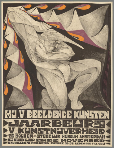 Affiche « Mij. v. beeldende kunsten. Jaarbeurs v. Kunstnijverheid te houden Stedelijk museum Amsterdam gedurende november. ». Reproduction intégrale de l’exemplaire conservé par Rijksmuseum.