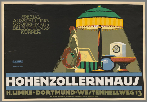 Affiche « Spezialausst. Vornehmer Beleuchtungskörper. Hohenzollernhaus, Dortmund, H. Limke ». Reproduction intégrale de l’exemplaire conservé par Rijksmuseum.