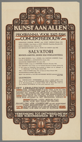 Affiche « Kunst aan allen. Programma voor 1923-1924. Concertgebouw. Vereeniging voor ontwikkeling van den schoonheidszin bij 't volk ». Reproduction intégrale de l’exemplaire conservé par Rijksmuseum.