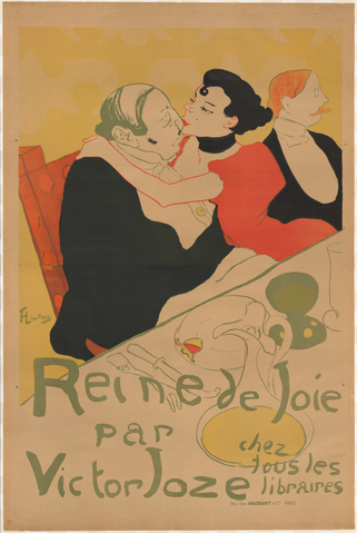 Affiche Reine de Joie. Une femme vêtue de rouge embrasse la joue d’un homme chauve assis à une table ; un autre homme se tient derrière eux. Le titre et le nom Victor Joze sont inscrits en vert dans la partie inférieure.