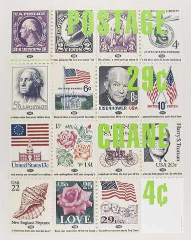 Affiche « Postage 29 cents, Crane 4 cents...U.S. Postage Multiples by Ten...Buy Crane ». Reproduction intégrale de l’exemplaire conservé par Cooper Hewitt, Smithsonian Design Museum.
