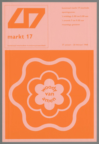 Affiche « Markt 17 kunstzaal Enschedese kunstenaarssociëteit. Woody van Amen ». Reproduction intégrale de l’exemplaire conservé par Rijksmuseum.