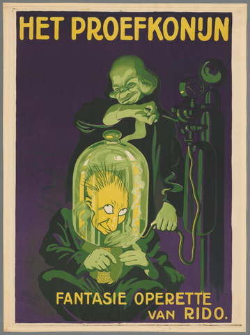 Affiche « Het proefkonijn. Fantasie operette van Rido. ». Reproduction intégrale de l’exemplaire conservé par Rijksmuseum.