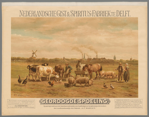 Affiche « Nederlandsche Gist- en Spiritus Fabriek te Delft. Gedroogde spoeling. ». Reproduction intégrale de l’exemplaire conservé par Rijksmuseum.