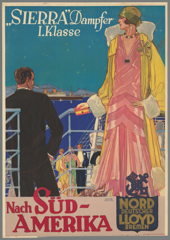 Affiche « "Sierra" Dampfer I. Klasse Nach Süd-Amerika, Norddeutscher Lloyd Bremen ». Reproduction intégrale de l’exemplaire conservé par Rijksmuseum.