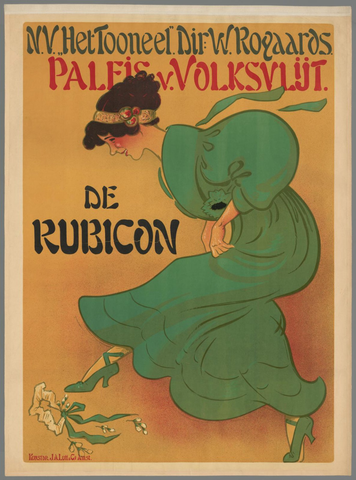 Affiche « N.V. Het Toneel. Dir. W. Royaards. Paleis v. Volksvlijt. De Rubicon ». Reproduction intégrale de l’exemplaire conservé par Rijksmuseum.